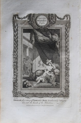 Metz - Delilah after cutting Samson's hair engraved by Collier 1785: This copper plate engraving is from The Genuine and Complete Works of Flavius Josephus by George Henry Maynard. Printed for J. Cooke, London 1785.The beautiful copper plates for this work were from or