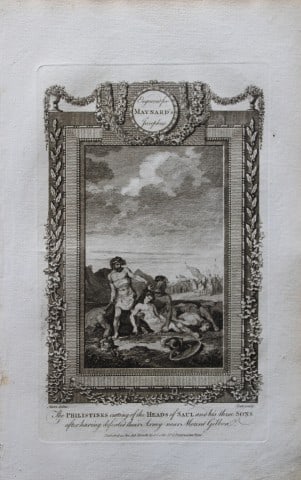 Metz - Philistines beheading Saul and sons engraved by Scot 1785: This copper plate engraving is from The Genuine and Complete Works of Flavius Josephus by George Henry Maynard. Printed for J. Cooke, London 1785.The beautiful copper plates for this work were from or