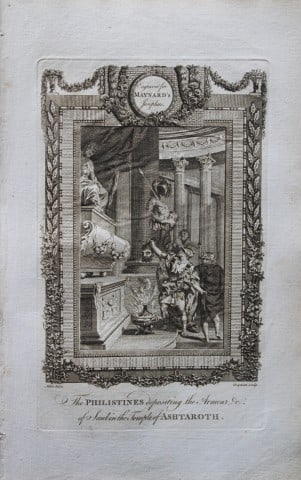 Metz - Philistines in Temple of Ashtaroth engraved by Grignion 1785: This copper plate engraving is from The Genuine and Complete Works of Flavius Josephus by George Henry Maynard. Printed for J. Cooke, London 1785.The beautiful copper plates for this work were from or