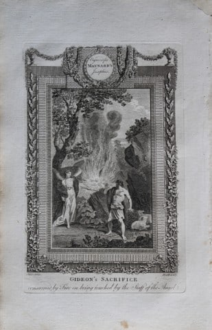 Metz - Gideon's sacrifice engraved by Heath 1785: This copper plate engraving is from The Genuine and Complete Works of Flavius Josephus by George Henry Maynard. Printed for J. Cooke, London 1785.The beautiful copper plates for this work were from or