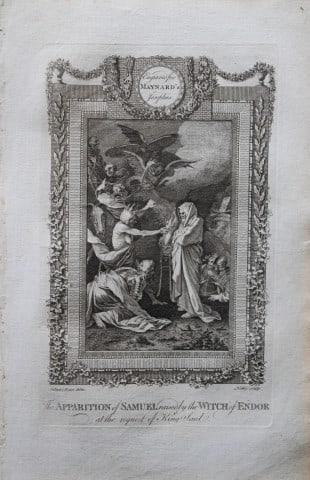 S Rosa - Apparition of Samuel engraved by Noble 1785: This copper plate engraving is from The Genuine and Complete Works of Flavius Josephus by George Henry Maynard. Printed for J. Cooke, London 1785.The beautiful copper plates for this work were from or
