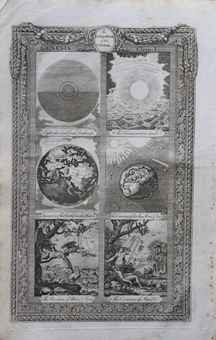 E Kimpton - Genesis: Six Days of the Creation 1785: This copper plate engraving is from The Genuine and Complete Works of Flavius Josephus by George Henry Maynard. Printed for J. Cooke, London 1785.The beautiful copper plates for this work were from or