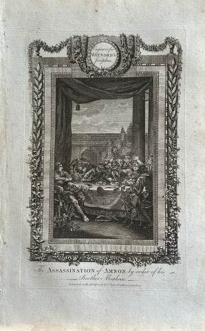 E Kimpton - Assassination of Amnon 1785: This copper plate engraving is from The Genuine and Complete Works of Flavius Josephus by George Henry Maynard. Printed for J. Cooke, London 1785.The beautiful copper plates for this work were from or