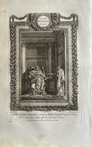 T West - Prophet Nathan rebuking King David engraved by Grignion 1785: This copper plate engraving is from The Genuine and Complete Works of Flavius Josephus by George Henry Maynard. Printed for J. Cooke, London 1785.The beautiful copper plates for this work were from or