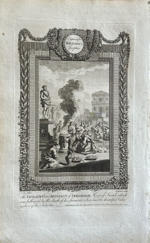 Cooke - Idolatry of Jeroboam engraved by Grignion 1785: This copper plate engraving is from The Genuine and Complete Works of Flavius Josephus by George Henry Maynard. Printed for J. Cooke, London 1785.The beautiful copper plates for this work were from or