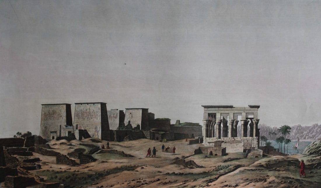 Description de l'Egypte - Philae Island monuments 1820-29: This rare coloured engraving is Plate 25 - Ile de Philee, Vue de l'?difice de l'est et de plusieurs monumens from Antiquities Volume 1 of Description de l'?gypte, ou Recueil des observations et des re