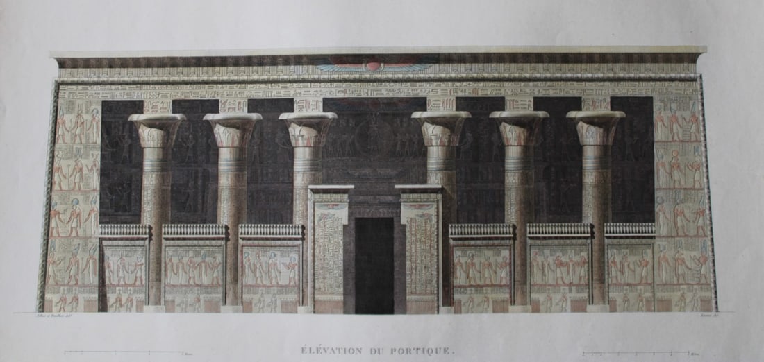 Description de l'Egypte - Portico of Grand Temple at Esne 1820-29: This rare coloured engraving is Plate 73 - ?l?vation du portique, Esne from Antiquities Volume 1 of Description de l'?gypte, ou Recueil des observations et des recherches qui ont ?t? faites en ?gypte 