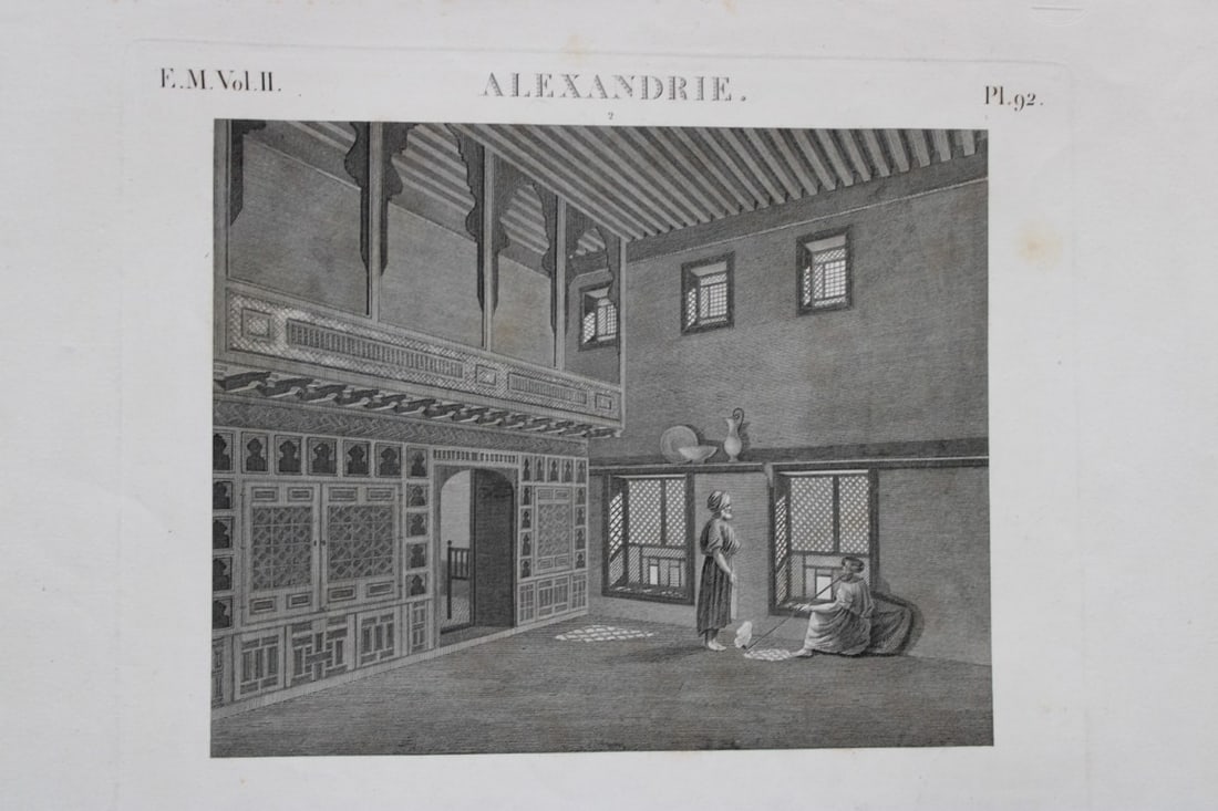 Description de l'Egypte - House interior, Alexandria 1820-29: This engraving is Plate 92 - Vues perspectives int?rieures d'une maison particuli?re, Alexandrie from ?tat Moderne Volume 2 of Description de l'?gypte, ou Recueil des observations et des recherches qu