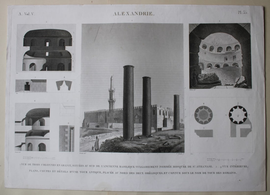 Description de l'Egypte - Granite columns, Alexandria 1809: This engraving is Plate 35 - 1. Vue de trois colonnes en granit, situ?es au sud de l'ancienne basilique vulgairement nomm?e Mosqu?e de St. Athanase 2-9. Vue int?rieure, plans, coupes et d?tails d'une 