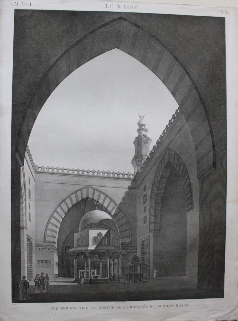 Description de l'Egypte - Sultan Hasan's Mosque, Cairo 1820-29: This engraving is Plate 37 - Vue perspective int?rieure de la Mosqu?e de Soult?n Hasan from Etat Moderne Volume 1 of Description de l'?gypte, ou Recueil des observations et des recherches qui ont ?t? 