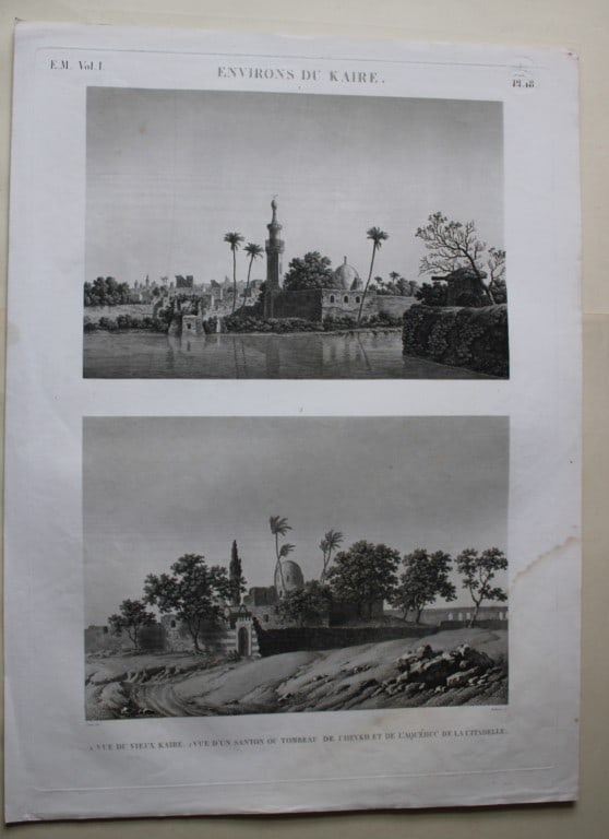 Description de l'Egypte - View of Old Cairo 1820-29: This engraving is Plate 18 - 1. Vue de Vieux Kaire 2. Vue d'un santon ou Tombeau de Cheykh et de l'aqueduc de la Citadelle from ?tat Moderne Volume 1 of Description de l'?gypte, ou Recueil des observa