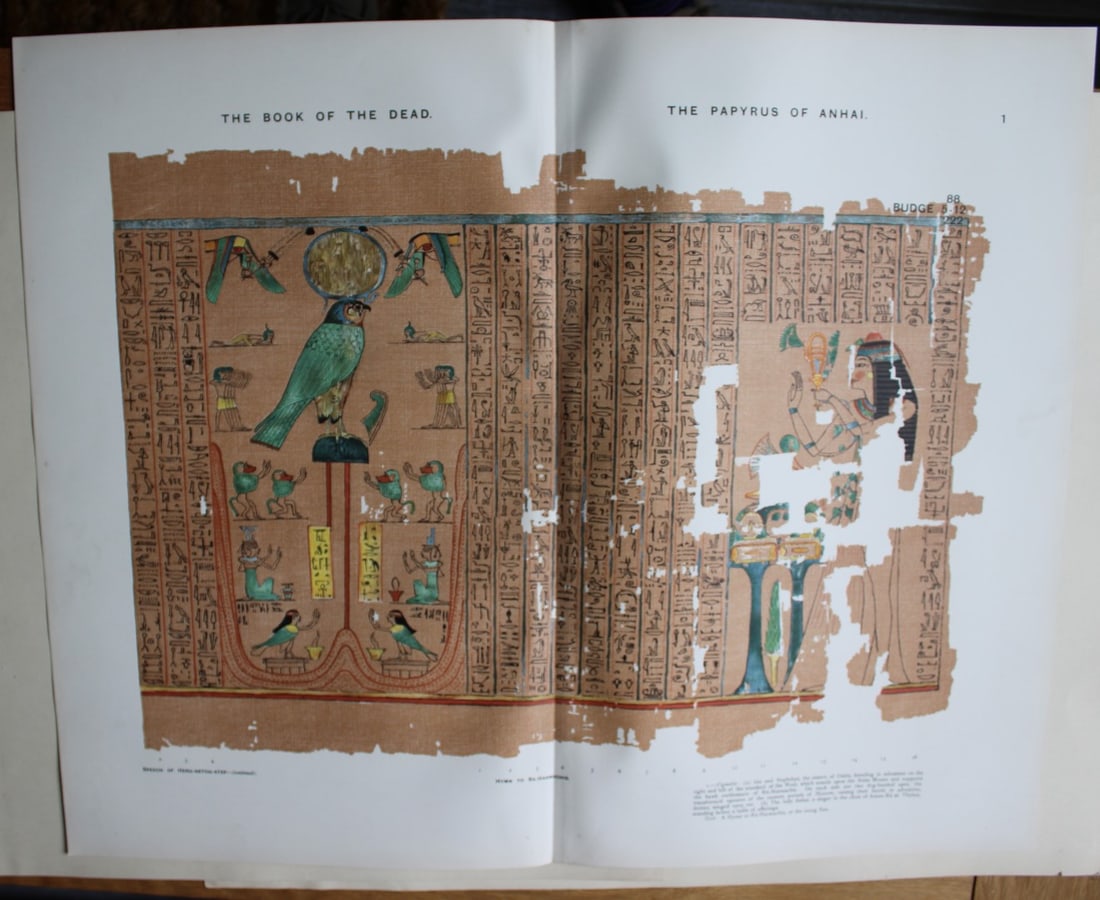 Papyrus of Anhai from the Book of the Dead 1899: This large chromolithograph print is from E.A. Wallis Budge?s The Book of the Dead - Facsimiles of the Hunefer, Anhai, Kerasher, Nu and Netchemet Papyri. Published by The British Museum and others in 