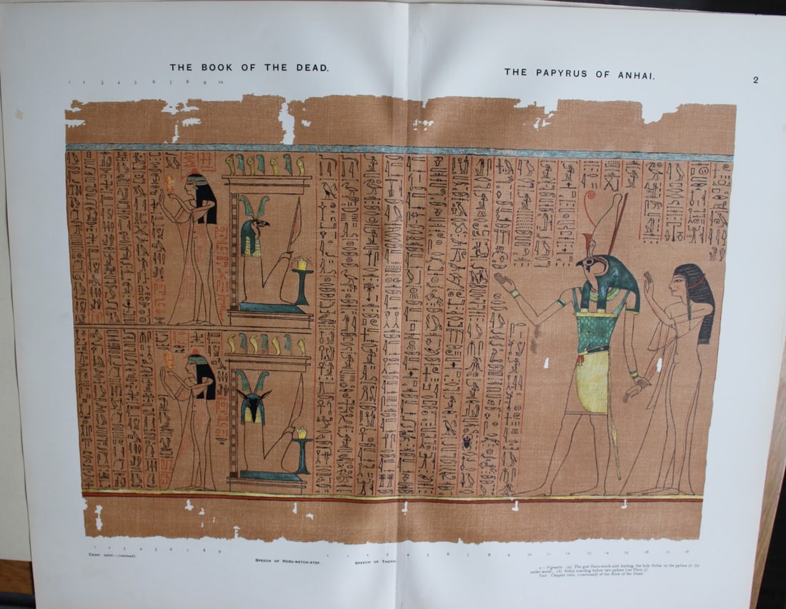 Papyrus of Anhai from the Book of the Dead 1899: This large chromolithograph print is from E.A. Wallis Budge?s The Book of the Dead - Facsimiles of the Hunefer, Anhai, Kerasher, Nu and Netchemet Papyri. Published by The British Museum and others in 