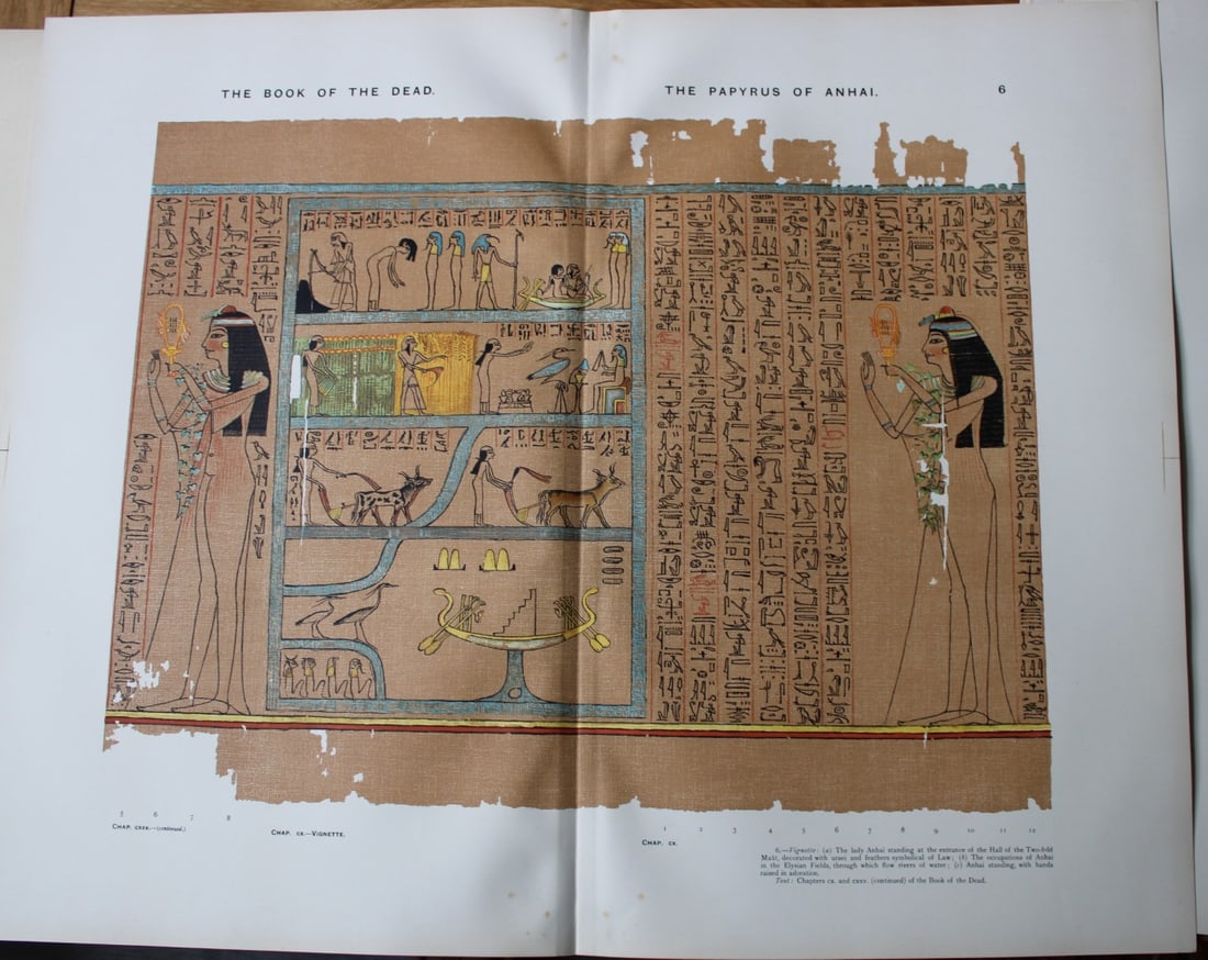 Papyrus of Anhai from the Book of the Dead 1899: This large chromolithograph print is from E.A. Wallis Budge?s The Book of the Dead - Facsimiles of the Hunefer, Anhai, Kerasher, Nu and Netchemet Papyri. Published by The British Museum and others in 
