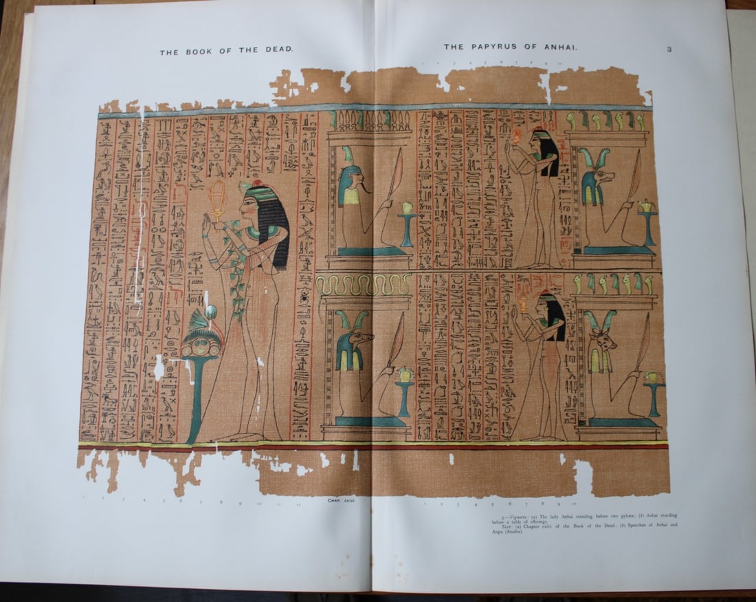 Papyrus of Anhai from the Book of the Dead 1899: This large chromolithograph print is from E.A. Wallis Budge?s The Book of the Dead - Facsimiles of the Hunefer, Anhai, Kerasher, Nu and Netchemet Papyri. Published by The British Museum and others in 