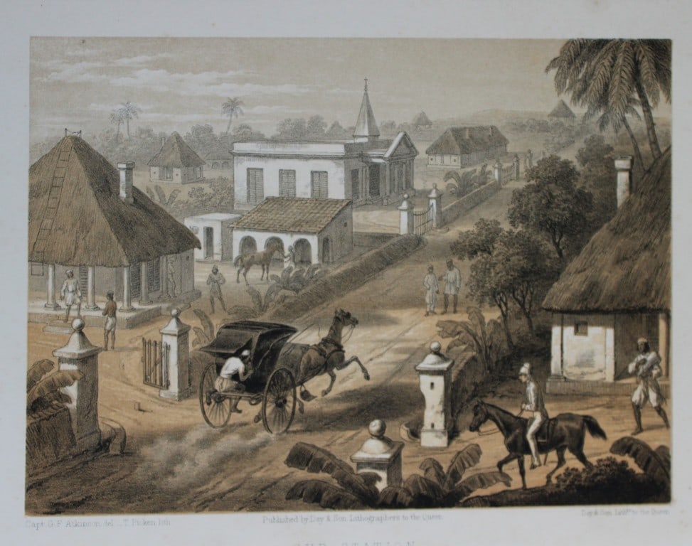 Capt GF Atkinson - Our Station from Curry and Rice from Curry and Rice 1859: This tinted lithograph is after a drawing by Capt. George Francklin Atkinson from Curry and Rice on Forty Plates or The Ingredients of Social Life at our Station in India. Published by Day & Son, Lith