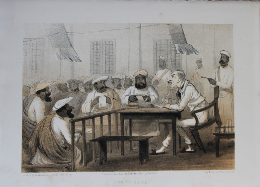 Capt GF Atkinson - Our Judge from Curry and Rice 1859: This tinted lithograph is after a drawing by Capt. George Francklin Atkinson from Curry and Rice on Forty Plates or The Ingredients of Social Life at our Station in India. Published by Day & Son, Lith