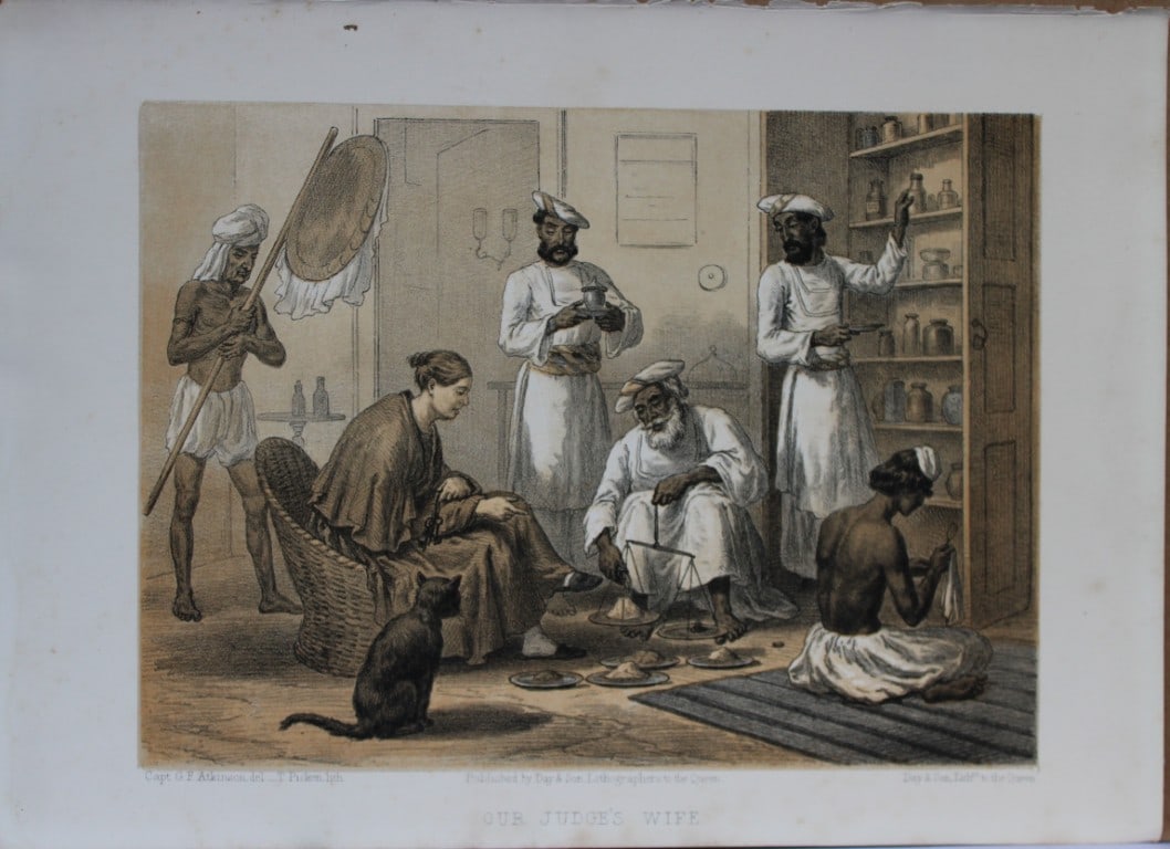 Capt GF Atkinson - Our Judge's Wife from Curry and Rice 1859: This tinted lithograph is after a drawing by Capt. George Francklin Atkinson from Curry and Rice on Forty Plates or The Ingredients of Social Life at our Station in India. Published by Day & Son, Lith