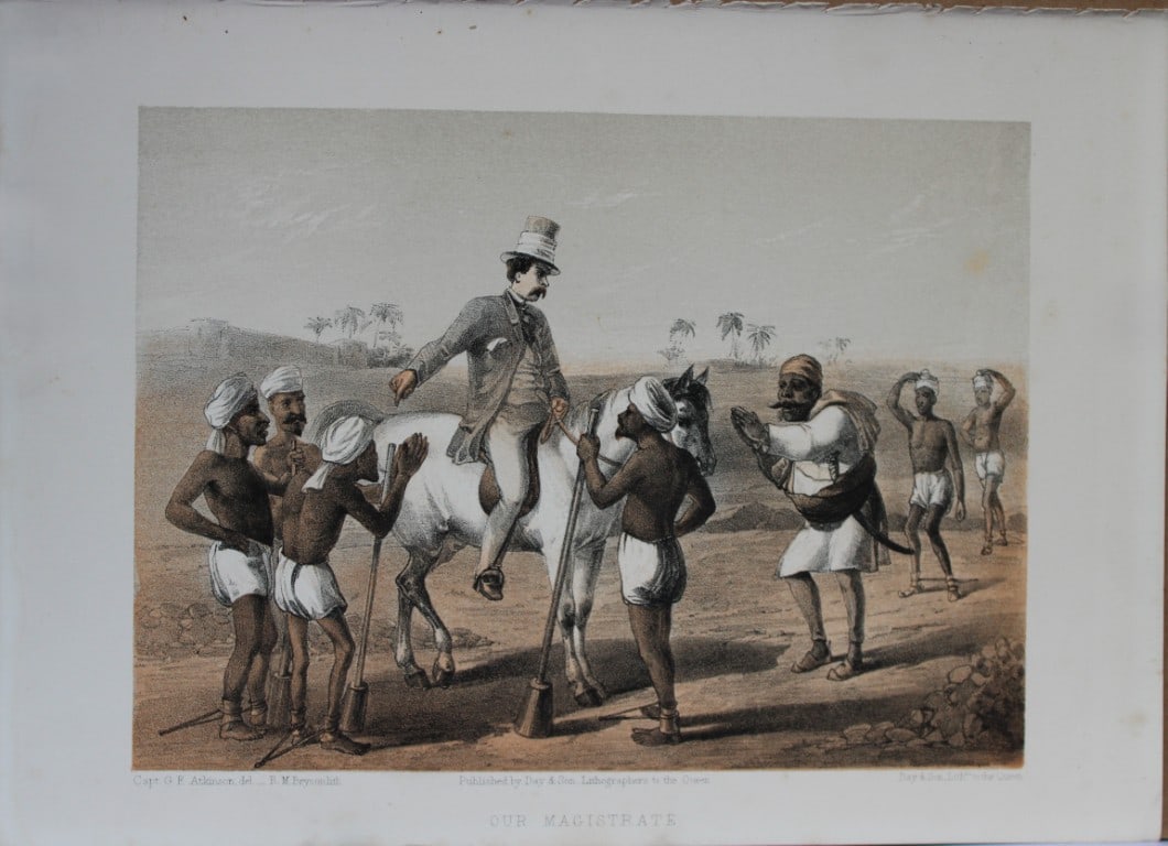 Capt GF Atkinson - Our Magistrate from Curry and Rice 1859: This tinted lithograph is after a drawing by Capt. George Francklin Atkinson from Curry and Rice on Forty Plates or The Ingredients of Social Life at our Station in India. Published by Day & Son, Lith
