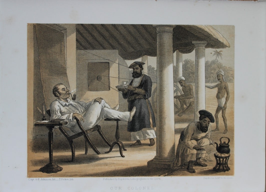 Capt GF Atkinson - Our Colonel from Curry and Rice 1859: This tinted lithograph is after a drawing by Capt. George Francklin Atkinson from Curry and Rice on Forty Plates or The Ingredients of Social Life at our Station in India. Published by Day & Son, Lith