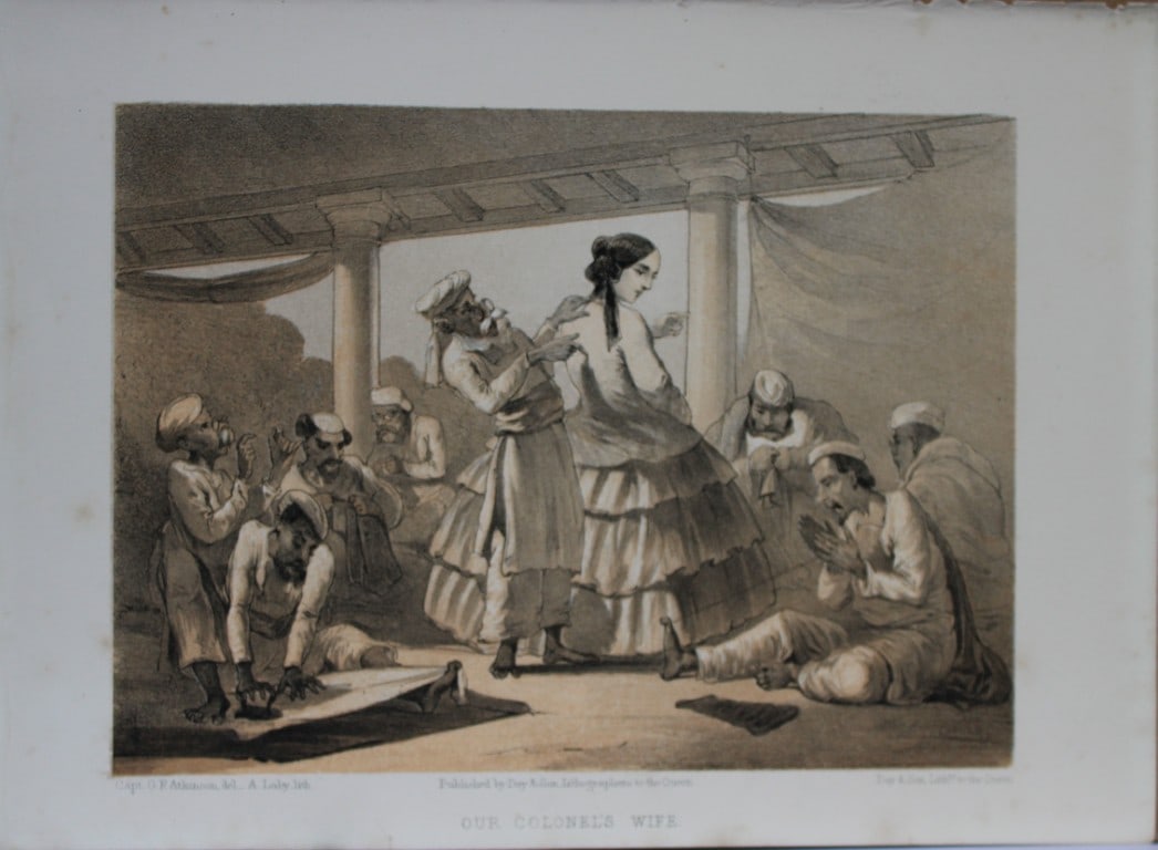 Capt GF Atkinson - Our Colonel's Wife from Curry and Rice 1859: This tinted lithograph is after a drawing by Capt. George Francklin Atkinson from Curry and Rice on Forty Plates or The Ingredients of Social Life at our Station in India. Published by Day & Son, Lith