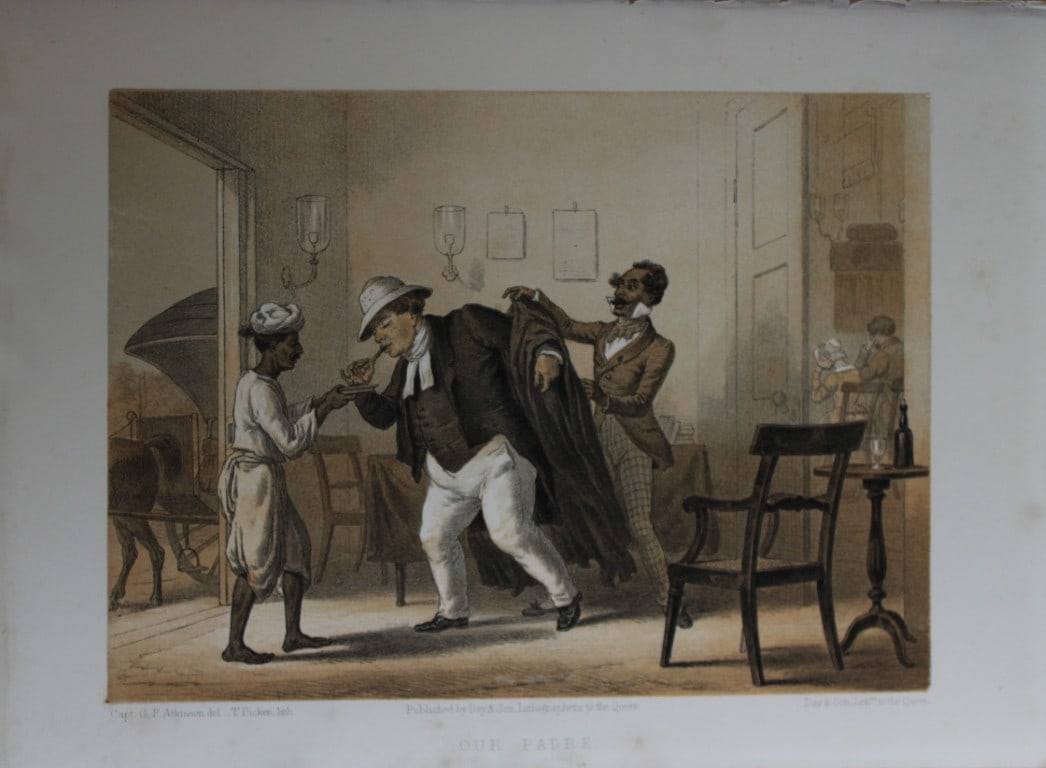 Capt GF Atkinson - Our Padre from Curry and Rice 1859: This tinted lithograph is after a drawing by Capt. George Francklin Atkinson from Curry and Rice on Forty Plates or The Ingredients of Social Life at our Station in India. Published by Day & Son, Lith