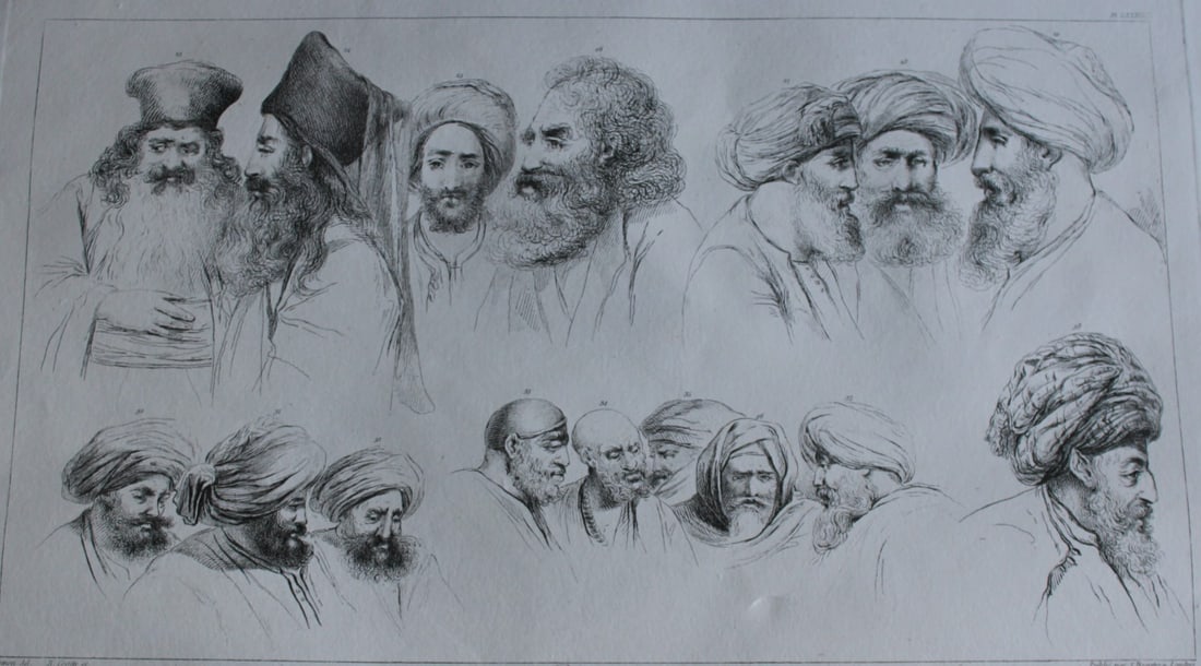Portraits (of Egyptians) by Vivant Denon 1807: This plate is from the Voyage dans la Basse et la Haute-Egypte pendant les campagnes du General Bonaparte by Dominique Vivant Denon. Published by Samuel Bagster, London 1807.The first member of the Fr