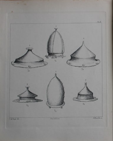 J de Baye - Anglo-Saxon Tools: Umbones 1893: This print was engraved by A Housselm after drawings by the famous archaeologist and ethnographer Joseph Berthelot Baron de Baye (1853?1931).This Steel plate is from The Industrial Arts of the Anlgo-S