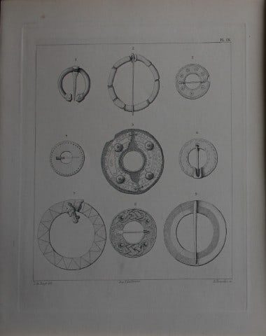 J de Baye - Anglo-Saxon Tools: Annular Fibule 1893: This print was engraved by A Housselm after drawings by the famous archaeologist and ethnographer Joseph Berthelot Baron de Baye (1853?1931).This Steel plate is from The Industrial Arts of the Anlgo-S