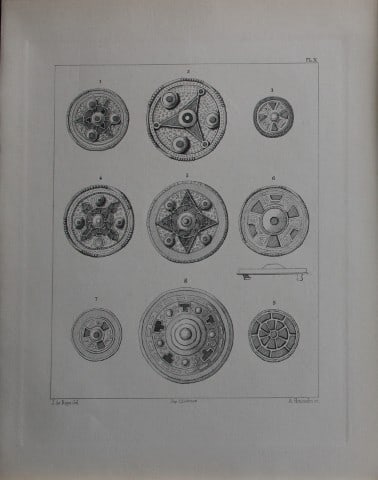 J de Baye - Anglo-Saxon Tools: Kentish Circular Fibule1893: This print was engraved by A Housselm after drawings by the famous archaeologist and ethnographer Joseph Berthelot Baron de Baye (1853?1931).This Steel plate is from The Industrial Arts of the Anlgo-S