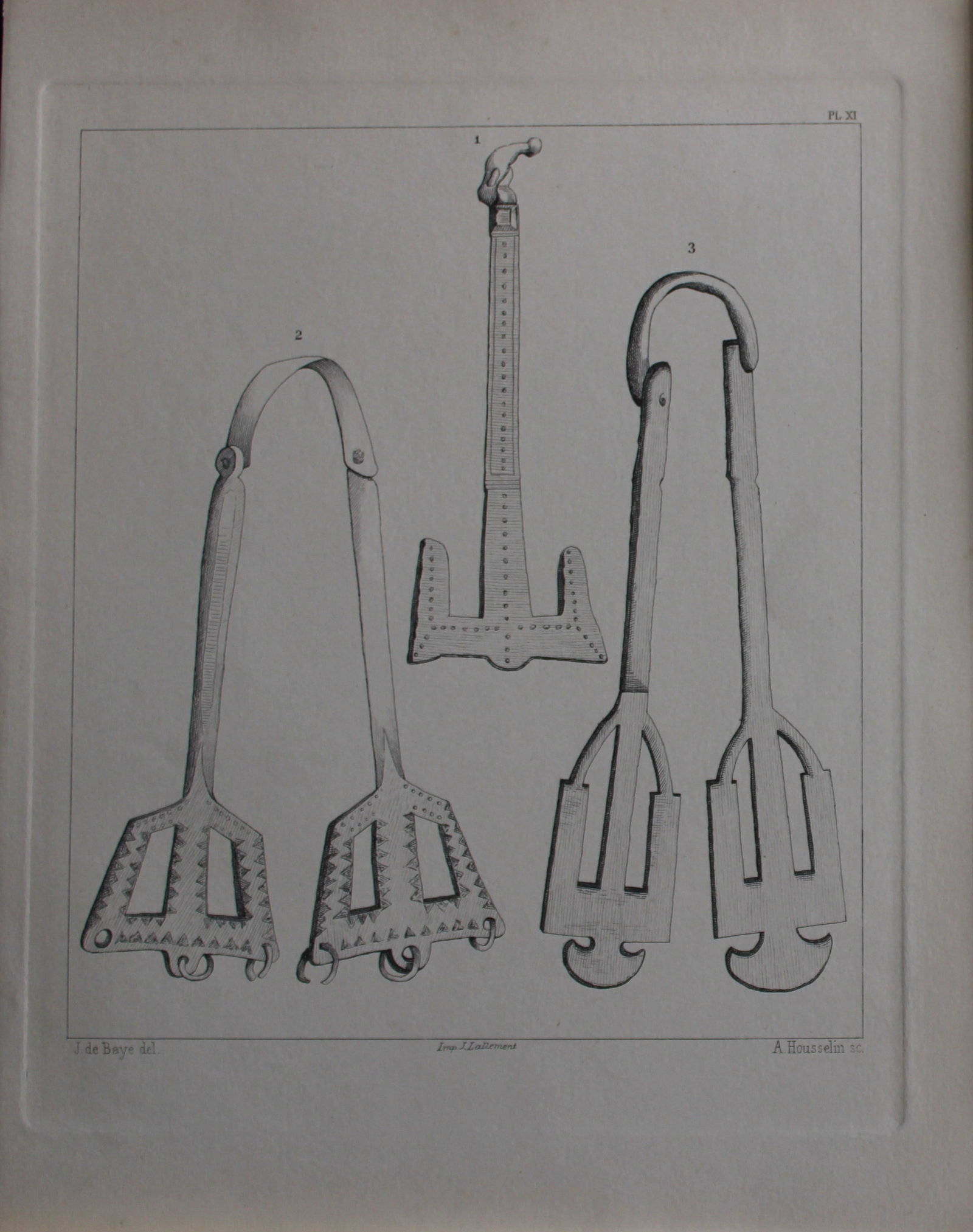 J de Baye - Anglo-Saxon Tools: Girdle Hangers 1893: This print was engraved by A Housselm after drawings by the famous archaeologist and ethnographer Joseph Berthelot Baron de Baye (1853?1931).This Steel plate is from The Industrial Arts of the Anlgo-S