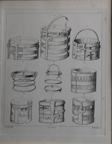 J de Baye - Anglo-Saxon Tools: Situle or Buckets 1893: This print was engraved by A Housselm after drawings by the famous archaeologist and ethnographer Joseph Berthelot Baron de Baye (1853?1931).This Steel plate is from The Industrial Arts of the Anlgo-S