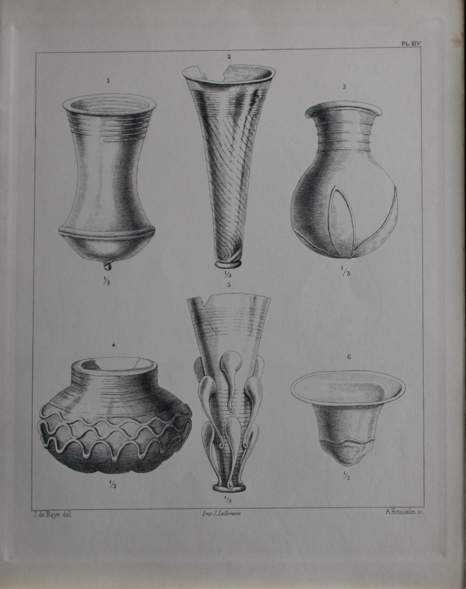 J de Baye - Anglo-Saxon Tools: Glass Vases 1893: This print was engraved by A Housselm after drawings by the famous archaeologist and ethnographer Joseph Berthelot Baron de Baye (1853?1931).This Steel plate is from The Industrial Arts of the Anlgo-S