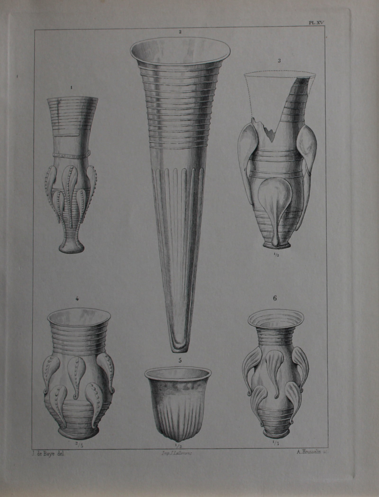 J de Baye - Anglo-Saxon Tools: Glass Vases 1893: This print was engraved by A Housselm after drawings by the famous archaeologist and ethnographer Joseph Berthelot Baron de Baye (1853?1931).This Steel plate is from The Industrial Arts of the Anlgo-S