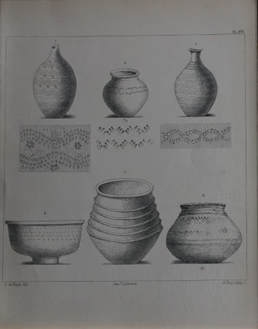 J de Baye - Anglo-Saxon Tools: Pottery 1893: This print was engraved by A Housselm after drawings by the famous archaeologist and ethnographer Joseph Berthelot Baron de Baye (1853?1931).This Steel plate is from The Industrial Arts of the Anlgo-S
