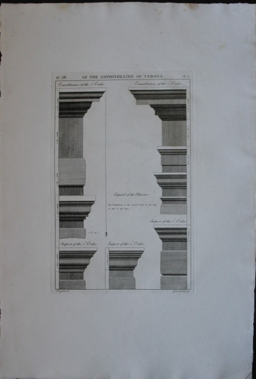 A Desgodetz - Engraving of the Amphitheatre at Verona 1771: This rare engraving is from The Ancient Buildings of Rome: Accurately Measured and Delineated Architecture by Anthony Desgodetz, Architect. Published by George Marshall, London 1771. The plates were d