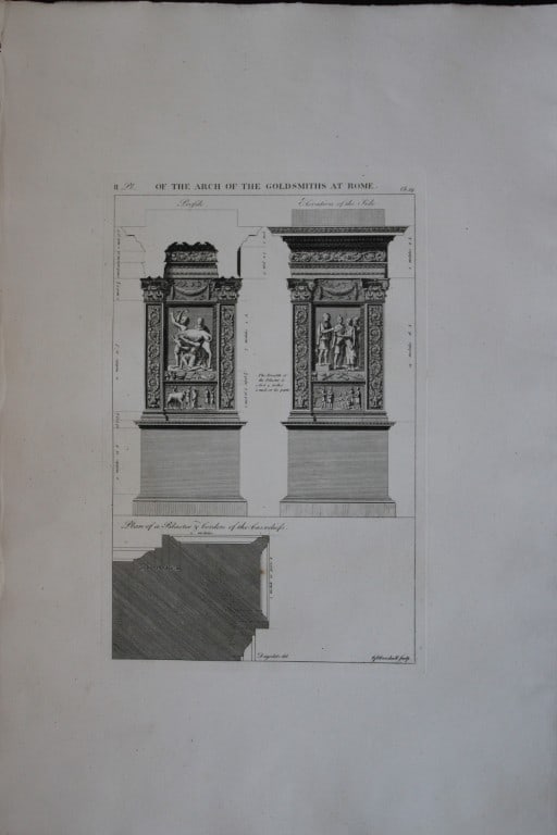 A Desgodetz - Engraving of the Arch of the Goldsmiths at Rome 1771: This rare engraving is from The Ancient Buildings of Rome: Accurately Measured and Delineated Architecture by Anthony Desgodetz, Architect. Published by George Marshall, London 1771. The plates were d