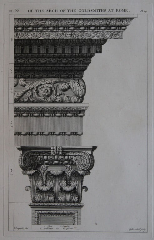 A Desgodetz - Engraving of the Arch of the Goldsmiths at Rome 1771: This rare engraving is from The Ancient Buildings of Rome: Accurately Measured and Delineated Architecture by Anthony Desgodetz, Architect. Published by George Marshall, London 1771. The plates were d