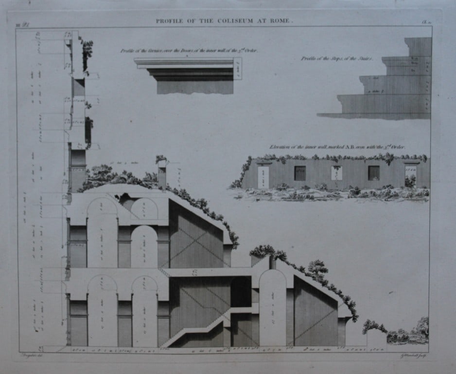 A Desgodetz - Engraving of the Coliseum at Rome 1771: This rare engraving is from The Ancient Buildings of Rome: Accurately Measured and Delineated Architecture by Anthony Desgodetz, Architect. Published by George Marshall, London 1771. The plates were d