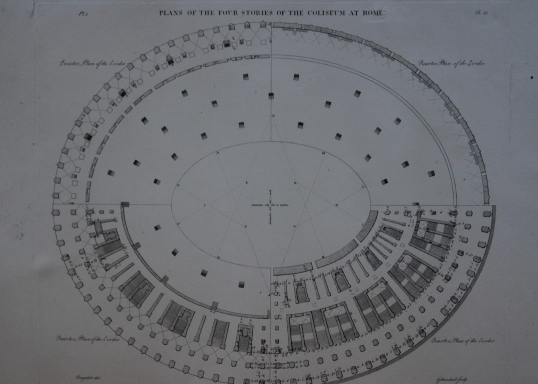 A Desgodetz - Engraving of the Coliseum at Rome 1771: This rare engraving is from The Ancient Buildings of Rome: Accurately Measured and Delineated Architecture by Anthony Desgodetz, Architect. Published by George Marshall, London 1771. The plates were d
