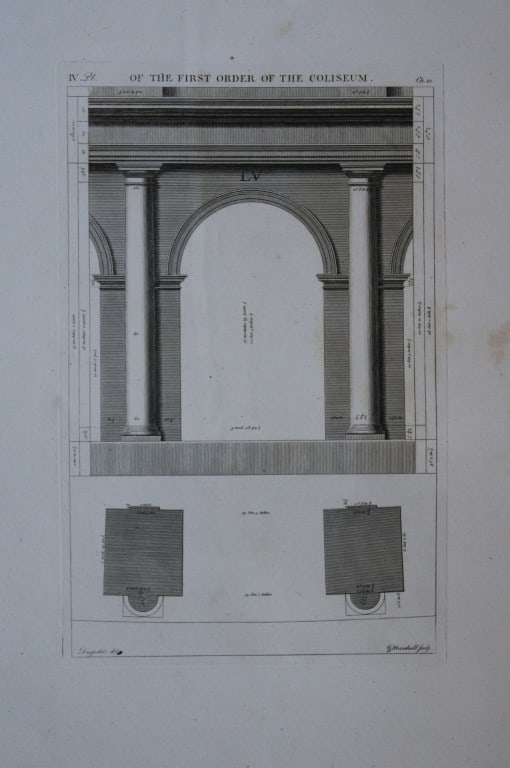 A Desgodetz - Engraving of the First Order of the Coliseum 1771: This rare engraving is from The Ancient Buildings of Rome: Accurately Measured and Delineated Architecture by Anthony Desgodetz, Architect. Published by George Marshall, London 1771. The plates were d