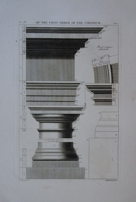 A Desgodetz - Engraving of the First Order of the Coliseum 1771: This rare engraving is from The Ancient Buildings of Rome: Accurately Measured and Delineated Architecture by Anthony Desgodetz, Architect. Published by George Marshall, London 1771. The plates were d