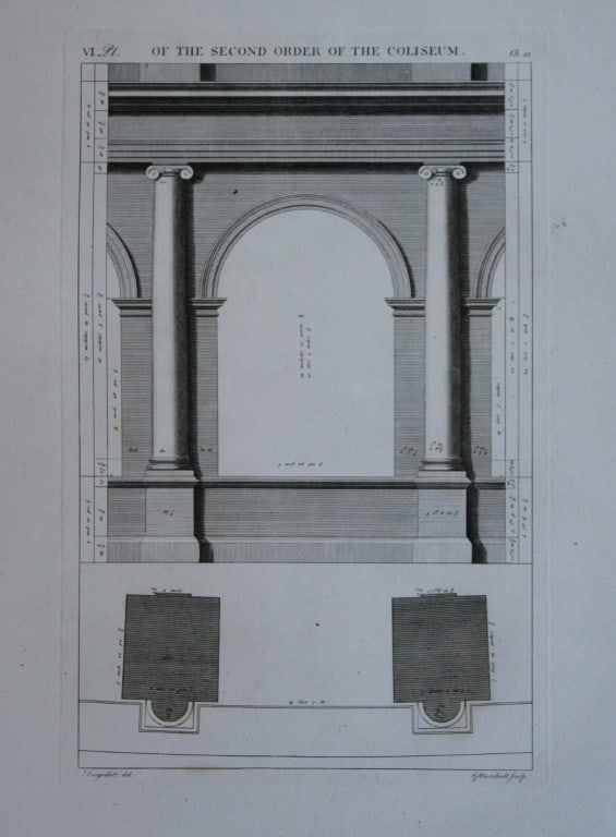 A Desgodetz - Engraving of the Second Order of the Coliseum 1771: This rare engraving is from The Ancient Buildings of Rome: Accurately Measured and Delineated Architecture by Anthony Desgodetz, Architect. Published by George Marshall, London 1771. The plates were d