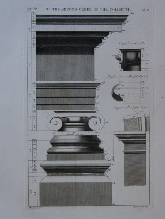 A Desgodetz - Engraving of the Second Order of the Coliseum 1771: This rare engraving is from The Ancient Buildings of Rome: Accurately Measured and Delineated Architecture by Anthony Desgodetz, Architect. Published by George Marshall, London 1771. The plates were d