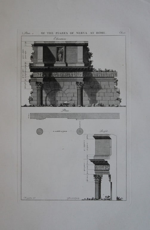 A Desgodetz - Engraving of the Piazza of Nerva at Rome 1771: This rare engraving is from The Ancient Buildings of Rome: Accurately Measured and Delineated Architecture by Anthony Desgodetz, Architect. Published by George Marshall, London 1771. The plates were d