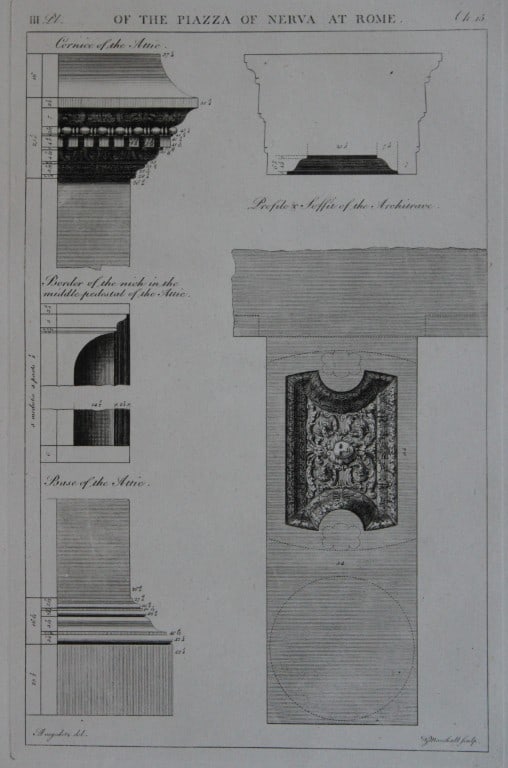 A Desgodetz - Engraving of the Piazza of Nerva at Rome 1771: This rare engraving is from The Ancient Buildings of Rome: Accurately Measured and Delineated Architecture by Anthony Desgodetz, Architect. Published by George Marshall, London 1771. The plates were d