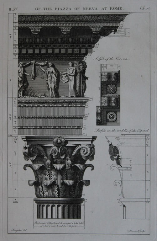A Desgodetz - Engraving of the Piazza of Nerva at Rome 1771: This rare engraving is from The Ancient Buildings of Rome: Accurately Measured and Delineated Architecture by Anthony Desgodetz, Architect. Published by George Marshall, London 1771. The plates were d