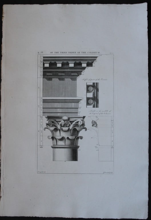 A Desgodetz - Engraving of the Third Order of the Coliseum 1771: This rare engraving is from The Ancient Buildings of Rome: Accurately Measured and Delineated Architecture by Anthony Desgodetz, Architect. Published by George Marshall, London 1771. The plates were d