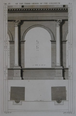 A Desgodetz - Engraving of the Third Order of the Coliseum 1771: This rare engraving is from The Ancient Buildings of Rome: Accurately Measured and Delineated Architecture by Anthony Desgodetz, Architect. Published by George Marshall, London 1771. The plates were d