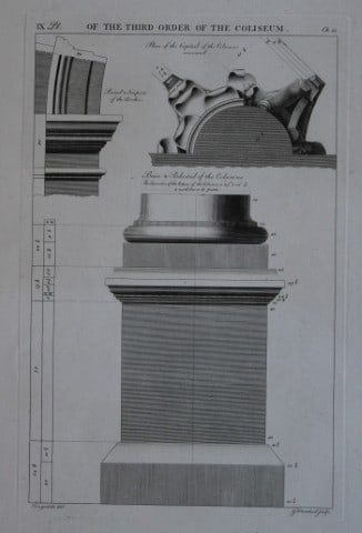 A Desgodetz - Engraving of the Third Order of the Coliseum 1771: This rare engraving is from The Ancient Buildings of Rome: Accurately Measured and Delineated Architecture by Anthony Desgodetz, Architect. Published by George Marshall, London 1771. The plates were d